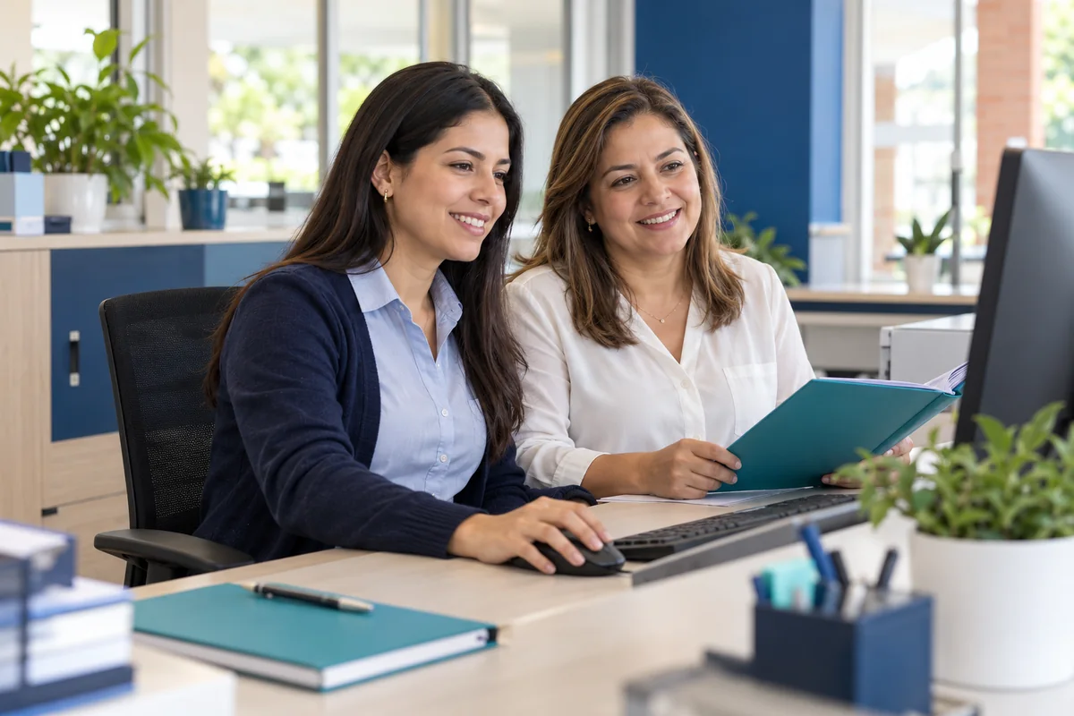 Escena ilustrativa de dos colaboradoras administrativas trabajando cómodamente frente a un computador.