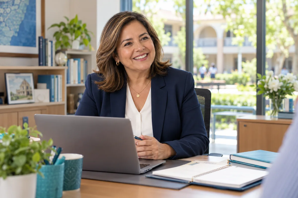 Escena ilustrativa de una rectora sonriente en su oficina, junto a su computador.